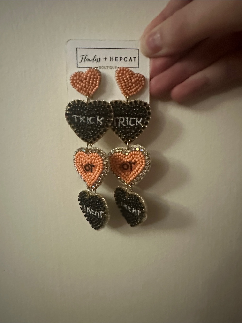 Orange and Black Beaded 'Trick or Treat' Heart Drop Earrings